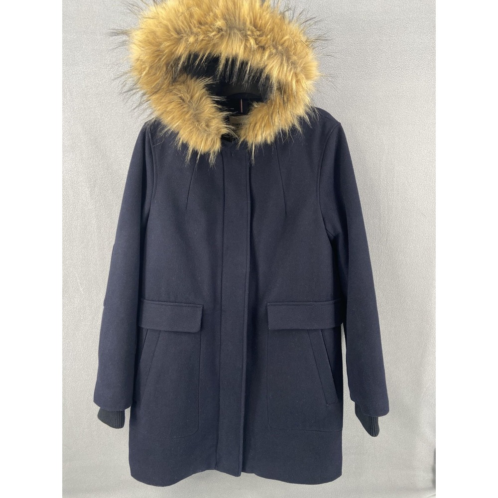 Vintage Tommy Hilfiger Parka‎ Coat Womens Medium Navy Faux Fur Hood Wool Y2K